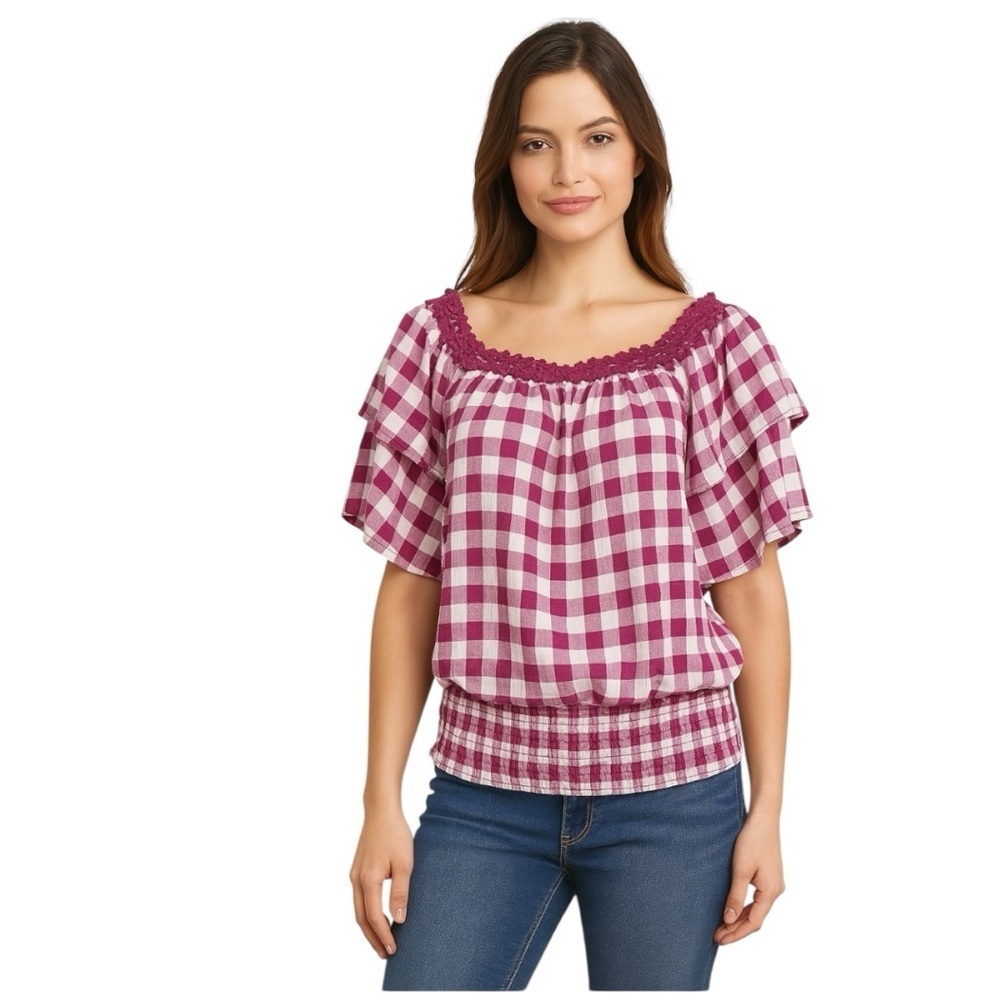 EST.1946 Pink Gingham Boho Hippie Bohemian Flutter Sleeve Peasant Blouse Size M